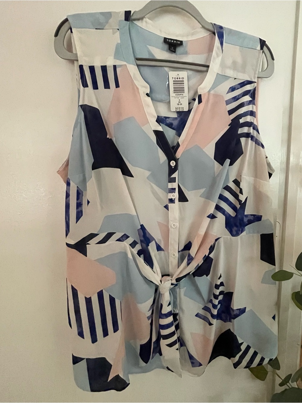 torrid Sleeveless Tie-Front Tank in Pastel Blue, Blush & Navy